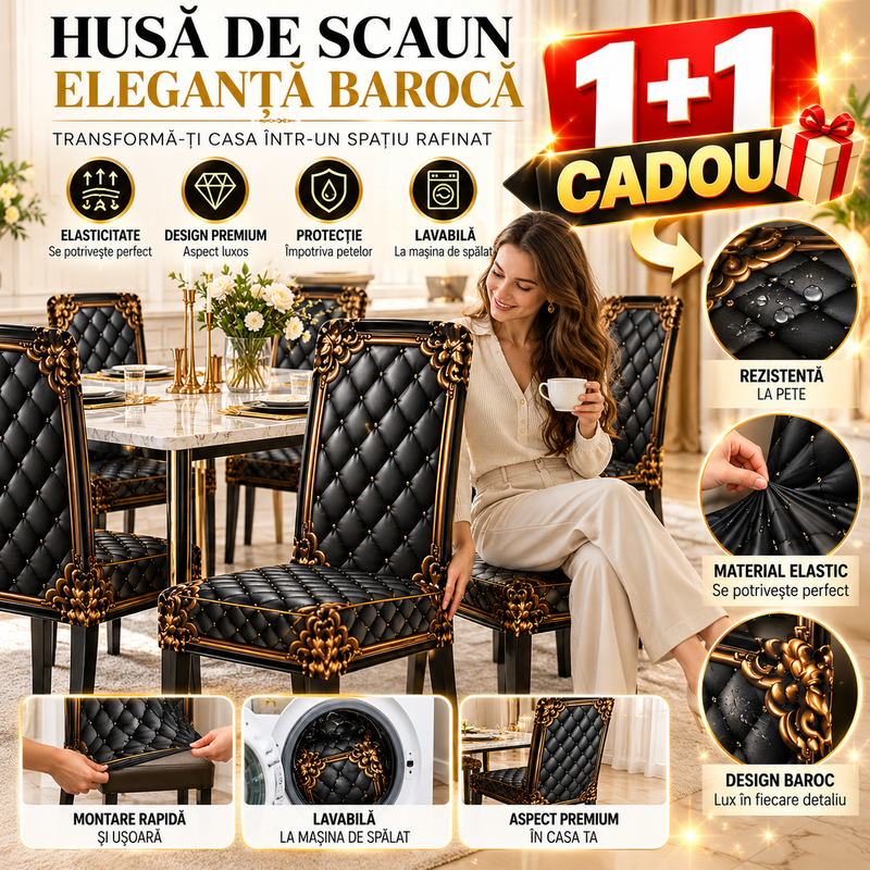 Set 3 Huse Elastice de Scaun cu Finisaje Aurii + 1 Set Cadou (6 total)